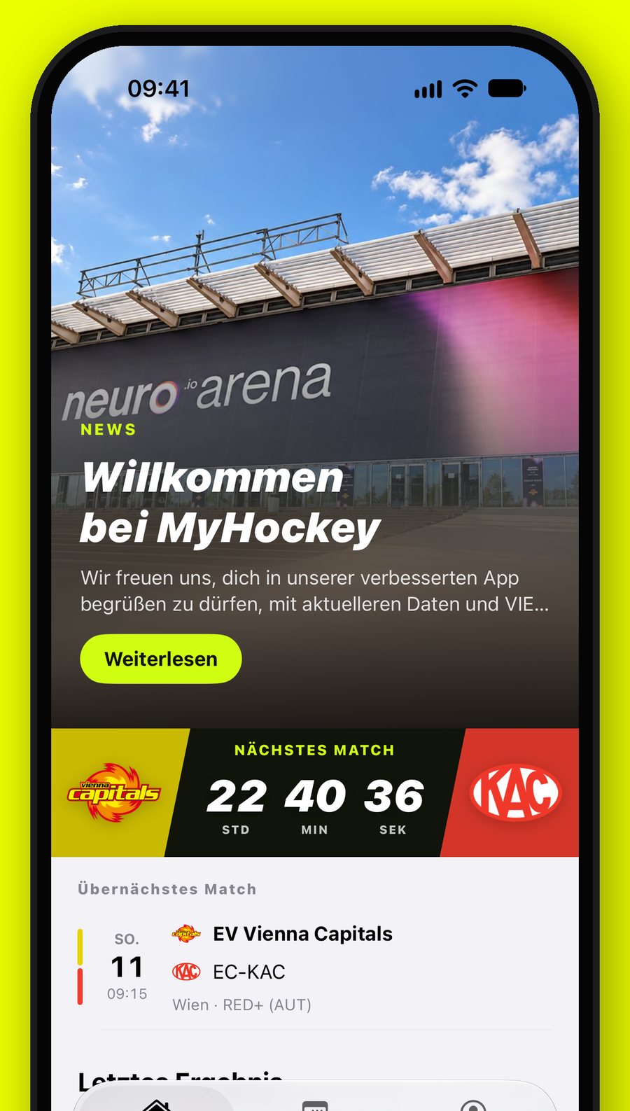 Startseite der MyHockey-App auf dem iPhone